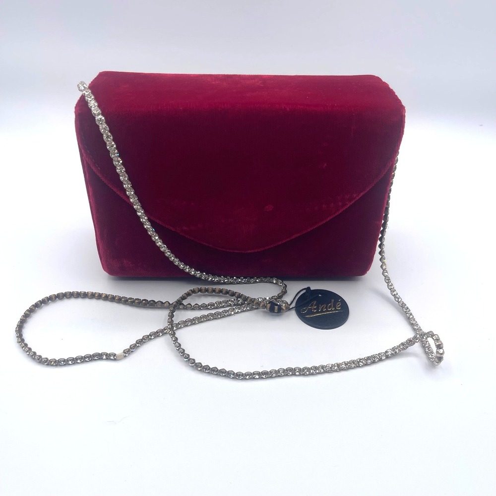 Vintage Ande Red Velvet Evening Clutch Purse Rhinestone Chain Shoulder Bag Chic‎
